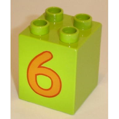 lime duplo brick 2 x 2 x 2 with number 6 orange pattern