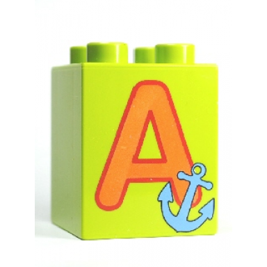 lime duplo brick 2 x 2 x 2 with letter a and anchor pattern
