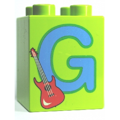 lime duplo brick 2 x 2 x 2 with letter g and guitar pattern
