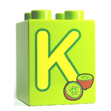 lime duplo brick 2 x 2 x 2 with letter k and kiwi pattern