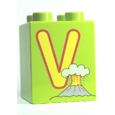 lime duplo brick 2 x 2 x 2 with letter v and volcano pattern