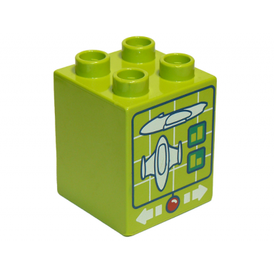 lime duplo brick 2 x 2 x 2 with computer screen with spaceship and white arrows and red button pattern