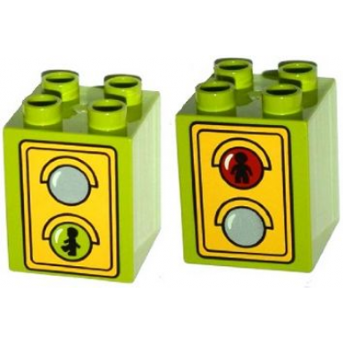 lime duplo brick 2 x 2 x 2 with traffic light duplo minifigure green walk red dont walk pattern
