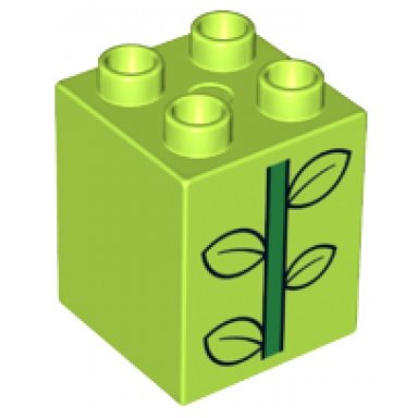lime duplo brick 2 x 2 x 2 with green stem and 4 black outlined leaves pattern 10819
