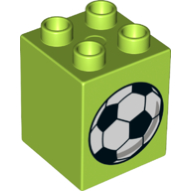 lime duplo brick 2 x 2 x 2 with football and deflated football on reverse pattern soccer ball