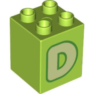 lime duplo brick 2 x 2 x 2 with yellowish green capital letter d with green outline pattern