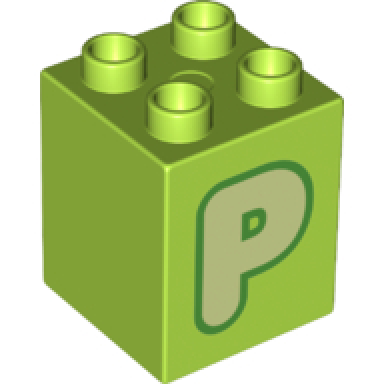 lime duplo brick 2 x 2 x 2 with yellowish green capital letter p with green outline pattern