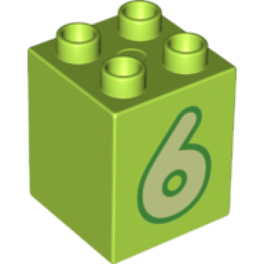 lime duplo brick 2 x 2 x 2 with yellowish green number 6 with green outline pattern