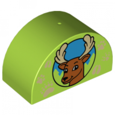 lime duplo brick 2 x 4 x 2 slope curved double with deer head in circle and paw prints pattern