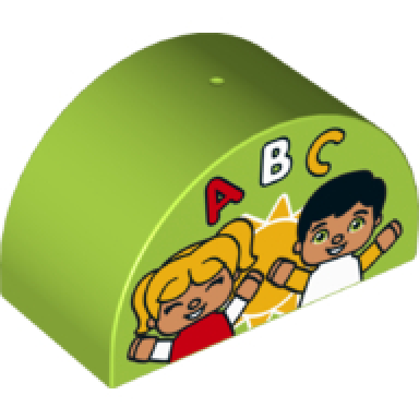 lime duplo brick 2 x 4 x 2 slope curved double with sun girl and boy and abc pattern