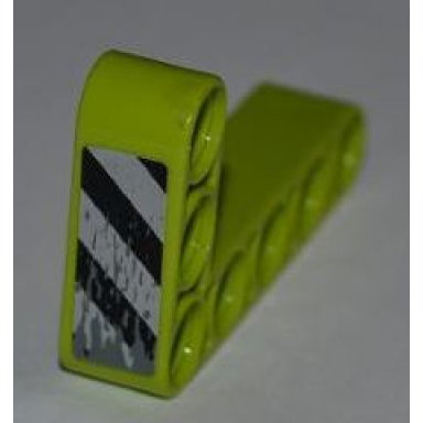 lime technic liftarm modified bent thick l-shape 3 x 5 with black and white danger stripes and splatters pattern model right sticker - set 8190