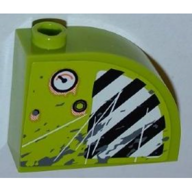 lime slope curved 3 x 1 x 2 with hollow stud with black and white danger stripes splatters and rusted gauge pattern sticker - set 8961
