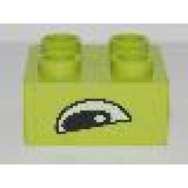 lime duplo brick 2 x 2 with black and white slanted alligator crocodile eye pattern on opposite sides