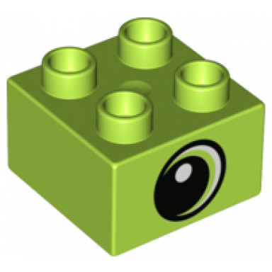 lime duplo brick 2 x 2 with circled black eye large looking left with crescent and white pupil pattern