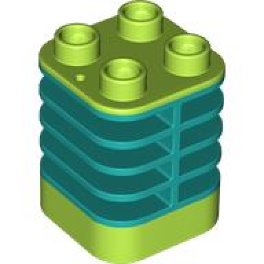 lime duplo brick 2 x 2 x 2 ribbed - center flush with edge with molded flexible rubber dark turquoise fins pattern