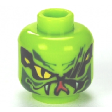lime minifigure head alien with yellow snake eyes scars across left eye dark green markings wide lopsided open mouth with fangs and red tongue pattern