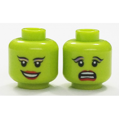 lime minifigure head dual sided alien female black arched eyebrows eyelashes red lips smile scared pattern sw oola