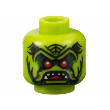 lime minifigure head alien with red eyes dark green eye shadow black markings and open mouth with tongue and sharp white teeth pattern