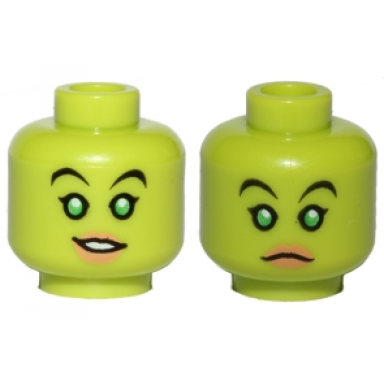 lime minifigure head dual sided alien female sw twilek with black eyebrows single eyelashes bright green eyes nougat lips lopsided open mouth smile with teeth neutral pattern