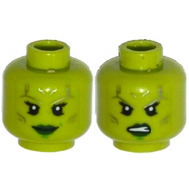 lime minifigure head dual sided alien female silver tattoos eyelashes green lips smile angry pattern