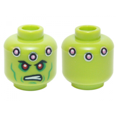 lime minifigure head alien with red eyes green cheek lines dark pink circles and scowl pattern brainiac