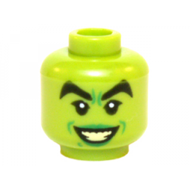 lime minifigure head female black thick eyebrows green lips and dimples open mouth smile with bright light yellow teeth pattern