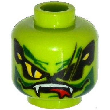 lime minifigure head alien with yellow snake eyes and mouth with fangs and teeth pattern