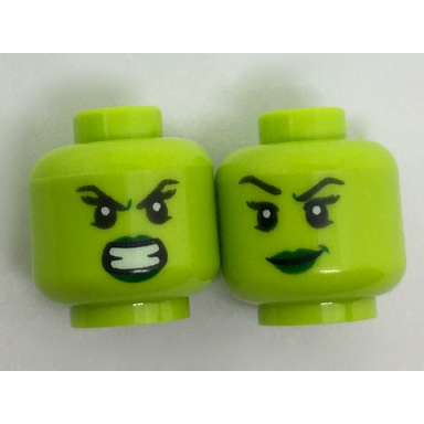 lime minifigure head dual sided alien female dark green lips teeth bared angry malicious smile pattern