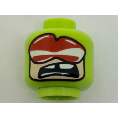 lime minifigure head balaclava with red and white goggles light nougat face open mouth missing tooth pattern