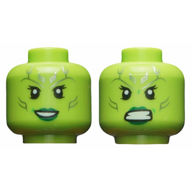 lime minifigure head dual sided alien female with silver tattoos eyelashes dark green lips open mouth smile angry pattern