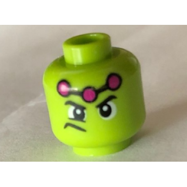 lime minifigure head male wide eyes frown to side three magenta dots pattern brainiac
