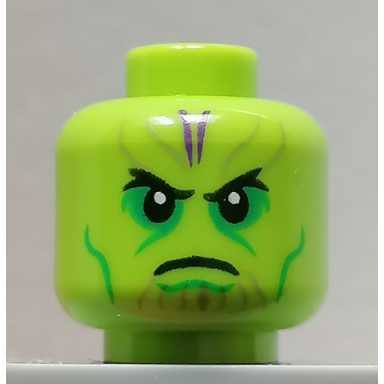 lime minifigure head alien skrull with black eyes and frown bright green eye shadow and cheek lines and dark purple markings on forehead pattern