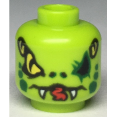 lime minifigure head alien with yellow snake eyes and mouth with fangs dark green scales on cheeks pattern