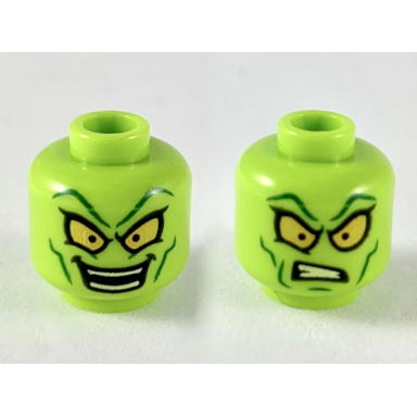 lime minifigure head dual sided alien dark green eyebrows and cheek lines large yellow eyes smile confused pattern