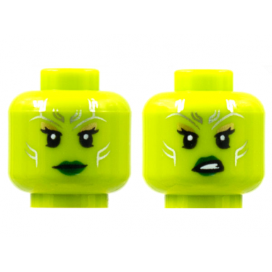 lime minifigure head dual sided alien female silver tattoos gold eye shadow dark green lips neutral sneer pattern