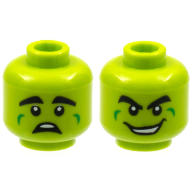 lime minifigure head dual sided alien thick black eyebrows green cheek dimples scared wide grin with teeth pattern