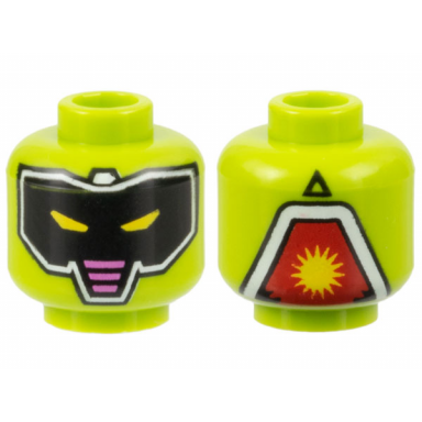 lime minifigure head alien robot black mask with white outline yellow slit eyes dark pink stripes pattern