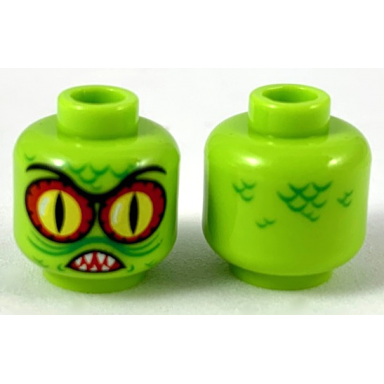 lime minifigure head alien with swamp creature with red and yellow eyes with black outline pointed teeth and scales pattern