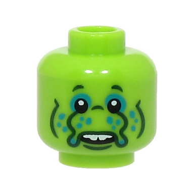 lime minifigure head alien black eyes dark turquoise eye shadow and dots nose with tentacles dark green wrinkles white teeth pattern bam
