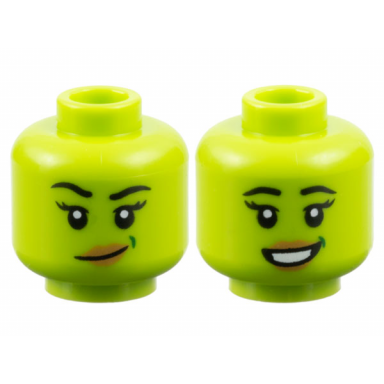 lime minifigure head dual sided female black eyebrows and eyelashes dark green dimple medium nougat lips lopsided grin open mouth smile with teeth pattern