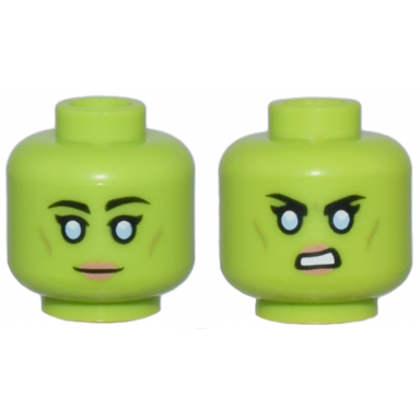 lime minifigure head dual sided alien female black eyebrows and single eyelashes bright light blue eyes olive green cheek lines nougat lips grin open mouth scowl with teeth pattern