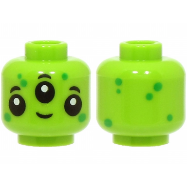 lime minifigure head alien with 3 black eyes and eyebrows bright green dots grin pattern