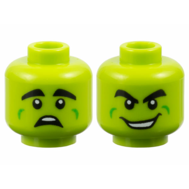 lime minifigure head dual sided alien thick black eyebrows bright green cheek dimples scared wide grin with teeth pattern