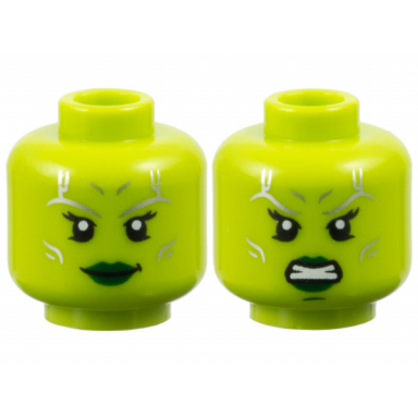 lime minifigure head dual sided alien female with silver tattoos black eyelashes dark green lips grin angry bared teeth and chin dimple pattern