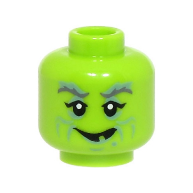 lime minifigure head dark bluish gray eyebrows sand blue eye shadow and wrinkles crooked open mouth smile with tooth gap pattern bam