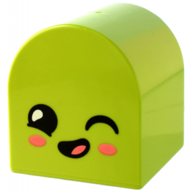 lime duplo brick 2 x 2 x 2 slope curved double with face with winking eye and coral cheeks and tongue pattern
