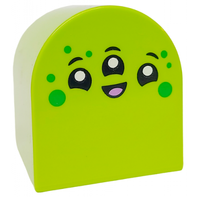 lime duplo brick 2 x 2 x 2 slope curved double with alien face with 3 black eyes and mouth white pupils medium lavender tongue and green spots pattern