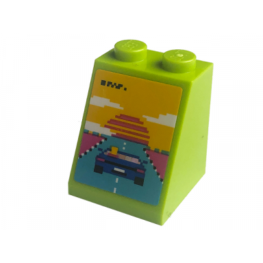 lime slope 65 2 x 2 x 2 with bottom tube with pixelated arcade game screen with blue car medium azure road dark pink sun and yellow sky pattern sticker - set 41708