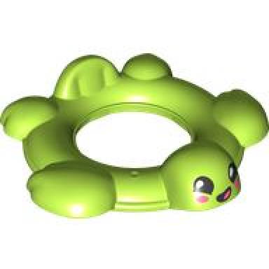 lime duplo bath toy 8 x 8 floating ring top - turtle with black eyes coral ovals on cheeks lopsided open mouth smile with tongue pattern