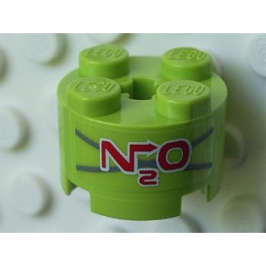 lime brick round 2 x 2 with axle hole with red n2o on dark bluish gray x pattern sticker - set 5980